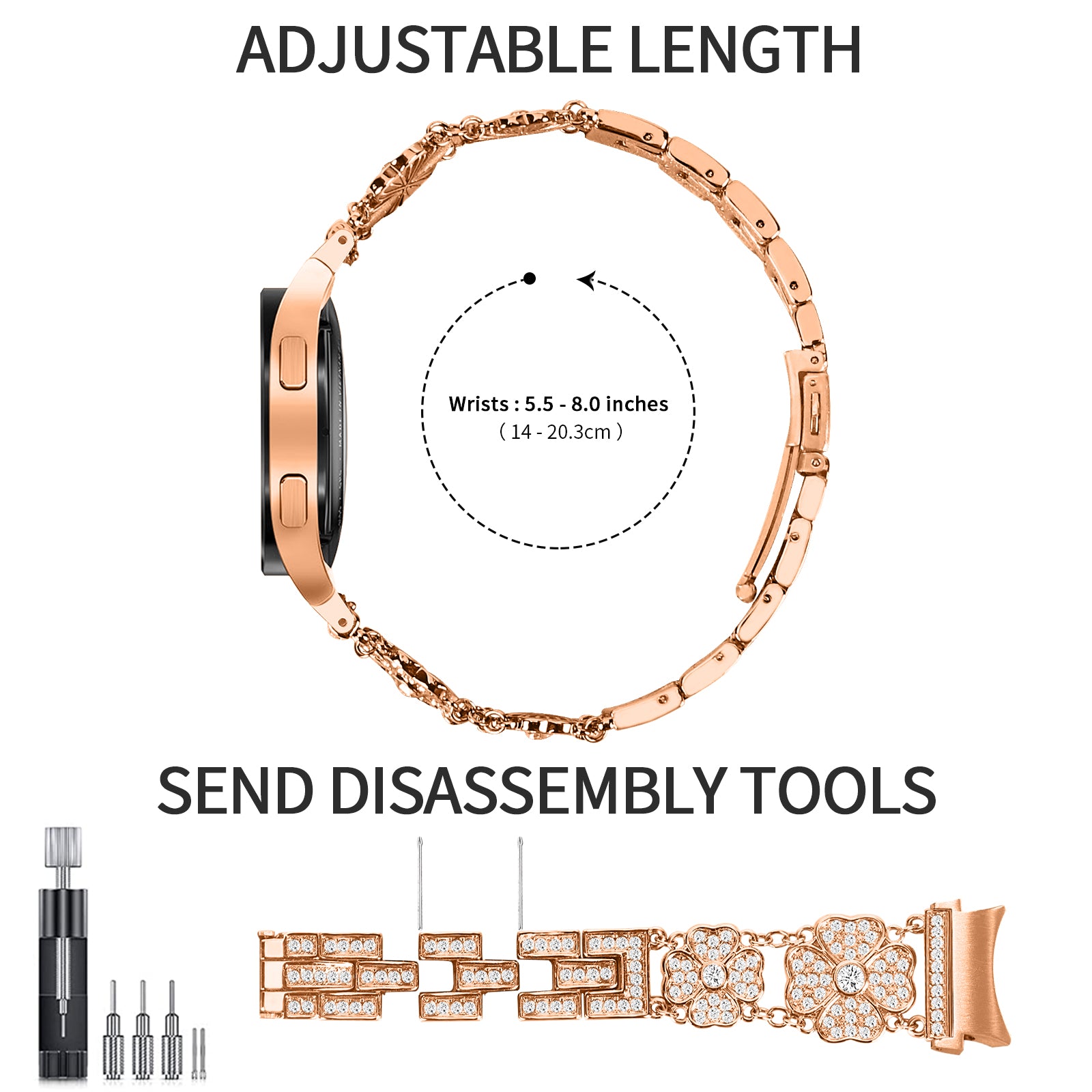 For Samsung Galaxy atch6 40mm 44mm Watch6 Classic 43mm 47mm Watch 5 40mm 44mm 5 Pro 45mm Watch4 40mm 44mm Watch Band Rhinestone Clover Metal Strap with Connector For Samsung Galaxy atch6 40mm 44mm Watch6 Classic 43mm 47mm Watch 5 40mm 44mm 5 Pro 45mm Watch4 40mm 44mm Watch Band Rhinestone Clover Metal Strap with Connector